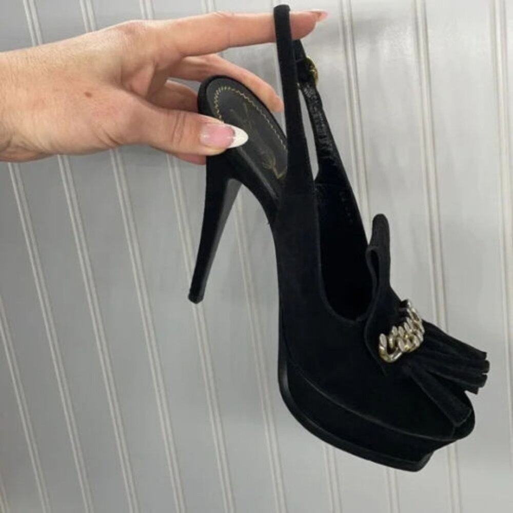 Yves Saint Laurent YSL Black Suede Fringe Chain Platform Pumps Size 8.5 - Picture 3 of 8